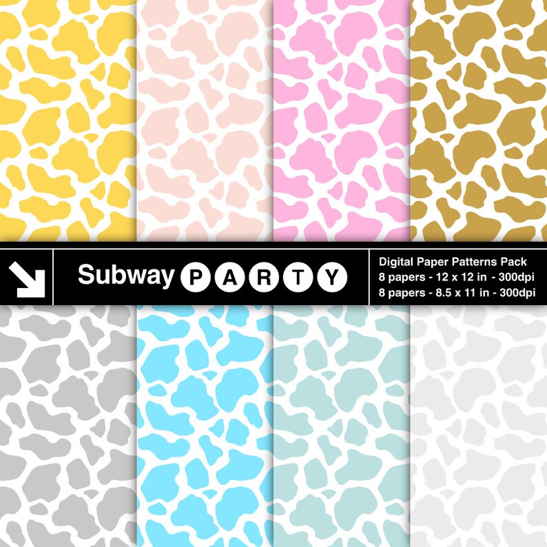 May include: A digital paper pack with eight different cow print patterns in various colors, including yellow, pink, blue, and gray. The patterns are 12 inches by 12 inches and 8.5 inches by 11 inches, and are 300 dpi. The text "Subway PARTY" is at the top of the image.