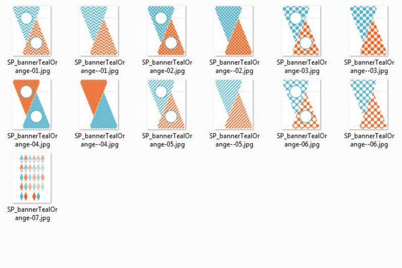 Op de afbeelding: Zeven variaties van een turquoise en oranje driehoeksbanner met een witte cirkel in het midden. De driehoek is diagonaal verdeeld, met de bovenste helft turquoise en de onderste helft oranje. De turquoise helft heeft een chevron-patroon en de oranje helft heeft een stippenpatroon. De witte cirkel heeft een kleinere witte cirkel erin. De banners zijn gerangschikt in een raster, met de eerste rij zes banners en de tweede rij &eacute;&eacute;n banner.