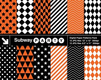 Halloween Geometric Digital Papers Pack. Chevron, Checks, Stars and Stripes. Scrapbook / Printable Party Papers 8.5x11 & 12x12 JPG Download