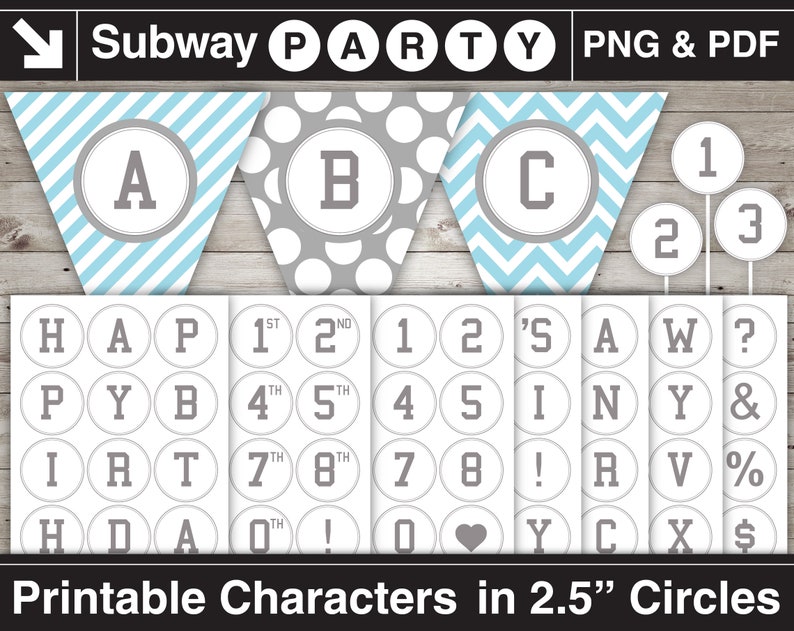 May include: Printable party decorations featuring a blue and white chevron banner, a gray and white polka dot banner, and a set of 2.5 inch circles with letters, numbers, and symbols in gray text on a white background.