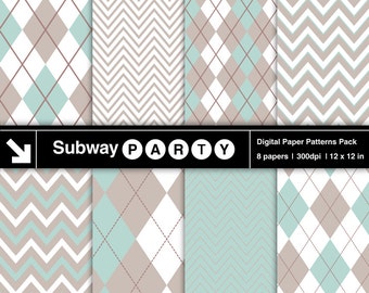 Soft Aqua Blue und Pastel Taupe Grey Chevron und Argyle Digital Papers Pack. Scrapbook / lädt DIY 12 "x12" jpg. SOFORTIGER DOWNLOAD