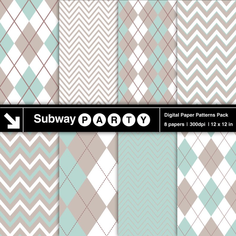 Pode incluir: Um pacote de padr&otilde;es de papel digital com oito designs diferentes. Os padr&otilde;es incluem losangos e chevrons em branco, castanho e verde-azulado. O texto "Subway PARTY" &eacute; exibido em uma faixa preta. Cada papel tem 30,48 x 30,48 cm.