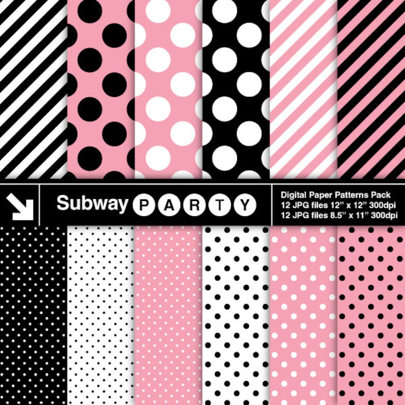 Pode incluir: Um conjunto de 12 padr&otilde;es de papel digital em rosa, preto e branco. Os padr&otilde;es incluem listras, bolinhas e bolinhas pequenas. Os padr&otilde;es s&atilde;o de 30,5 cm por 30,5 cm e 21,6 cm por 27,9 cm. O texto "Subway PARTY" est&aacute; na parte superior da imagem.
