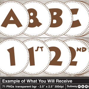 Puede incluir: Un conjunto de 71 decoraciones de fiesta imprimibles circulares marrones y blancas. Las decoraciones presentan las letras A, B y el s&iacute;mbolo de ampersand, as&iacute; como los n&uacute;meros 1 y 2 con las palabras "1er" y "2do" escritas encima. Las decoraciones tienen un di&aacute;metro de 6,35 cm y una resoluci&oacute;n de 300 dpi.