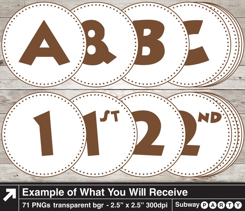 Puede incluir: Un conjunto de 71 decoraciones de fiesta imprimibles circulares marrones y blancas. Las decoraciones presentan las letras A, B y el s&iacute;mbolo de ampersand, as&iacute; como los n&uacute;meros 1 y 2 con las palabras "1er" y "2do" escritas encima. Las decoraciones tienen un di&aacute;metro de 6,35 cm y una resoluci&oacute;n de 300 dpi.