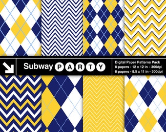 Navy Blue and Yellow Chevron and Argyle Digital Papers Pack.  Scrapbook / Party Printable Papers / CANVA Background 8.5x11 & 12x12 JPG