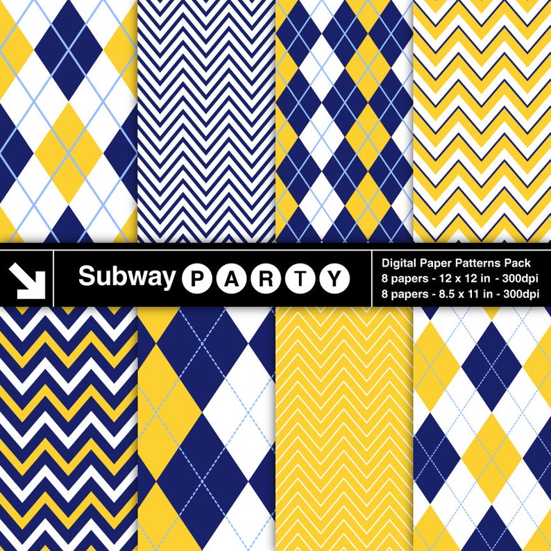 Navy Blue and Yellow Chevron and Argyle Digital Papers Pack. Scrapbook / Party Printable Papers / CANVA Background 8.5x11 & 12x12 JPG image 1