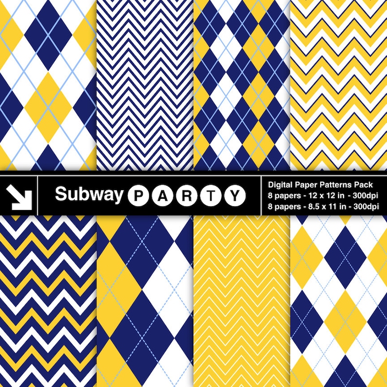 May include: Digital paper patterns pack featuring eight designs with argyle and chevron patterns in navy blue, yellow, and white. The pack includes 12 x 12 inch and 8.5 x 11 inch papers. The text "Subway PARTY" is also visible.