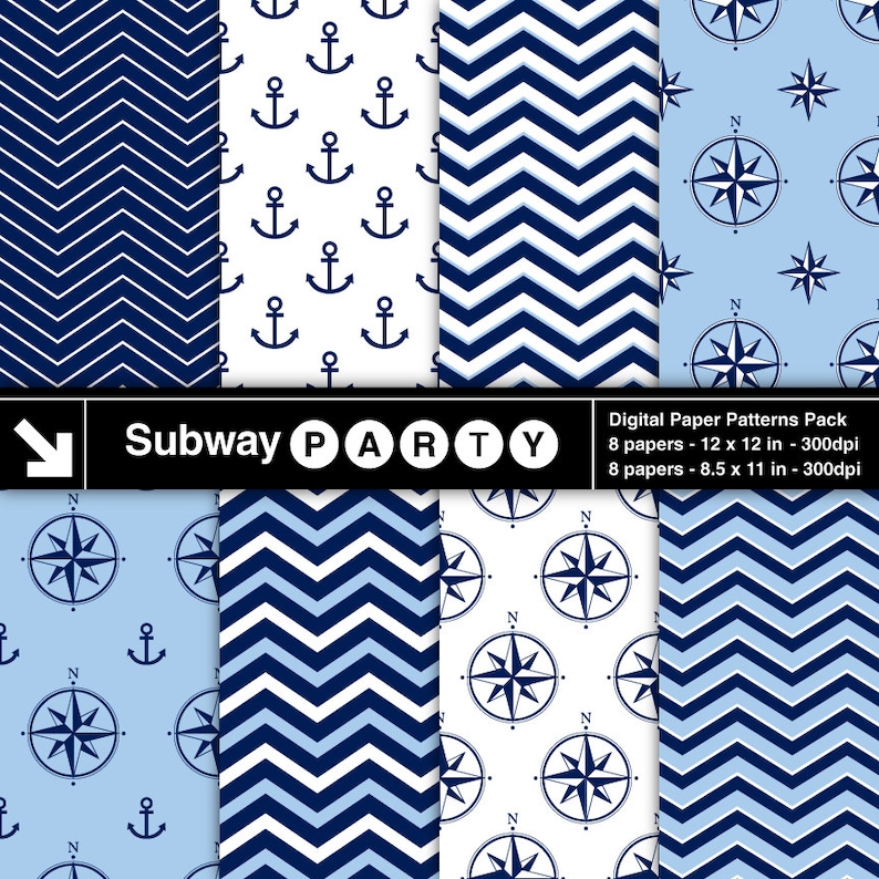May include: Digital paper patterns pack with nautical themes.  The pack includes eight 12x12 inch and eight 8.5x11 inch papers.  The patterns include blue and white chevron stripes, anchors, and compass roses.