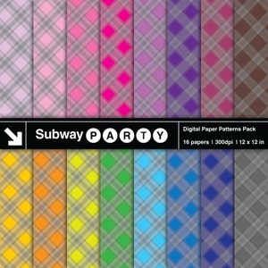 Confezione di carte digitali con motivo a quadri nei colori dell'arcobaleno con grigio. Kit fai da te per album di ritagli/inviti per feste: 16 fogli da 12"x12" jpg DOWNLOAD IMMEDIATO