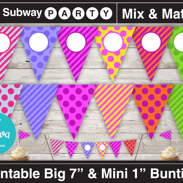 Printable Rainbow Birthday Party Banner and Mini Cake Bunting. Colorful Polka Dots & Candy Stripes. DIY Editable Banner. INSTANT DOWNLOAD.