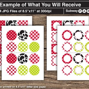 May include: Printable party circles and rectangles in red, white, black, and green. Designs include stars, polka dots, cow print, and gingham patterns. The text at the top says "Example of What You Will Receive" and "4 JPG Files of 8.5"x11" at 300dpi".