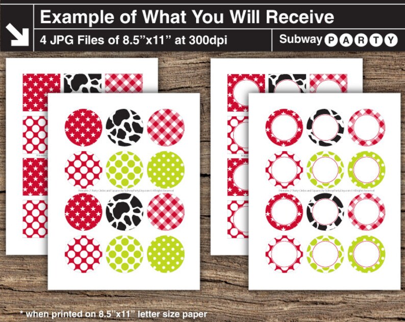 May include: Printable party circles and rectangles in red, white, black, and green. Designs include stars, polka dots, cow print, and gingham patterns. The text at the top says "Example of What You Will Receive" and "4 JPG Files of 8.5"x11" at 300dpi".