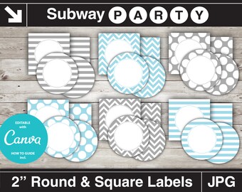 Blue, Grey Boy Baby Shower Party Circles and Squares / Cupcake Toppers Printable DIY / Blank Labels, Tags. Editable Jpg. INSTANT DOWNLOAD.