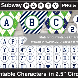 May include: Printable alphabet and number characters in 2.5 inch circles. The characters are in a navy blue font on a white background with a yellow outline. The characters include A, B, C, 1, 2, 3, 4, 5, 7, 8, 0, H, P, Y, I, R, T, D, and more.
