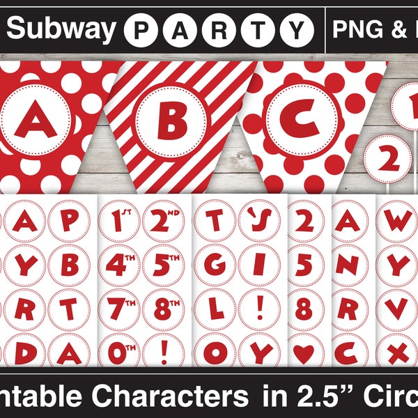 Printable Cartoon Style Red Letters & Numbers in 2.5" Circles. Alphabet Characters for Kids Party Banner Pdf. Clipart Png.  CANVA Elements