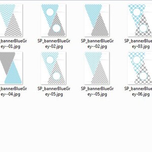 以下が含まれることがあります： 青とグレーの異なるパターンで構成された、印刷可能なバナーデザイン7点セット。バナーには、円形、シェブロンパターン、水玉模様が描かれています。