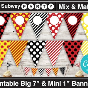 Op de afbeelding: Printbare feestbannerset met rode, gele, zwarte en witte stippen en strepenpatronen. De banner is bewerkbaar met Canva en bevat instructies. De banner is verkrijgbaar in twee maten: 7 inch en 1 inch.