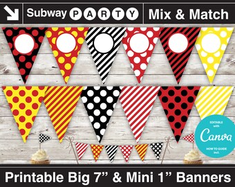 Afdrukbare banner voor verjaardagsfeestje met Mickey-thema en minitaartslinger. Rode, zwarte, witte stippen. DIY bewerkbare banner blanco. DIRECT DOWNLOADEN.