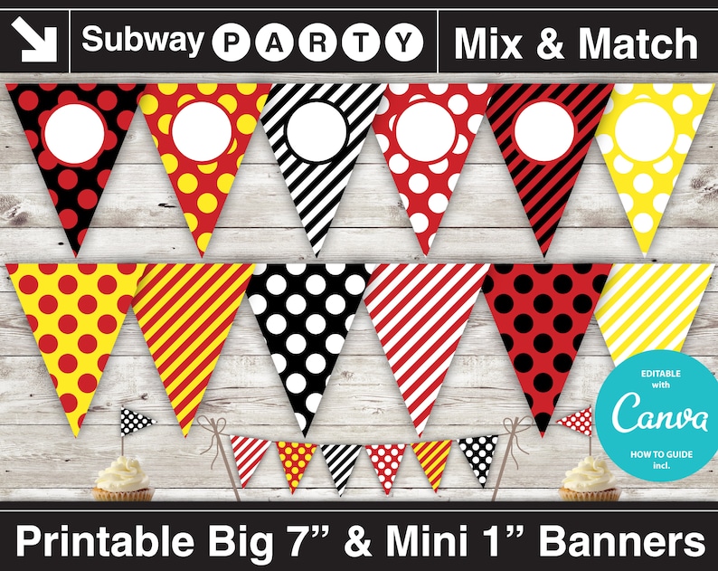 Op de afbeelding: Printbare feestbannerset met rode, gele, zwarte en witte stippen en strepenpatronen. De banner is bewerkbaar met Canva en bevat instructies. De banner is verkrijgbaar in twee maten: 7 inch en 1 inch.