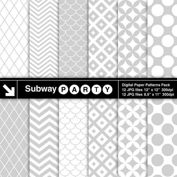 Silver Gray Digital Papers in Diamond Lattice Trellis Chevron. Retro Mod Scrapbook / Party Printable / CANVA Background 8.5x11 & 12x12 JPG