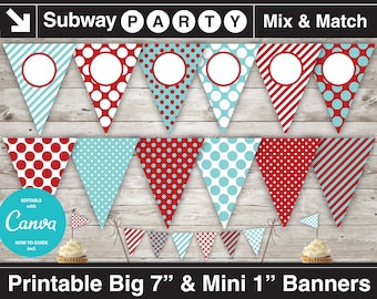 Aqua Blue, Red Printable Party Banner & Mini Cake Bunting. Polka Dots and Stripes. DIY Blank Text Editable Banner INSTANT DOWNLOAD