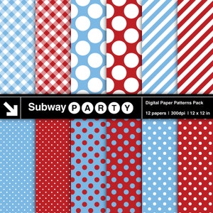Puede incluir: Un paquete de papeles digitales con 12 patrones diferentes en rojo, blanco y azul. Los patrones incluyen cuadros, lunares y rayas. El paquete se titula "Subway Party" y mide 30,5 cm por 30,5 cm.