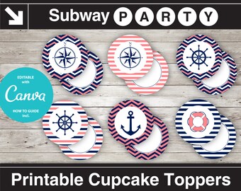 Printable Nautical Navy Coral 2" Party Circles & Squares / Cupcake Topper / Blank Labels, Tags. Add Your Own Text DIY Jpg. INSTANT DOWNLOAD