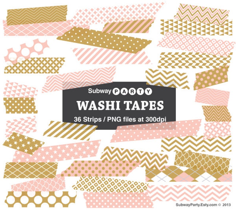 K&ouml;nnte beinhalten: Ein Set mit 36 rosa und goldenen Washi-B&auml;ndern mit verschiedenen Mustern, darunter Punkte, Streifen, Zickzack und geometrische Muster. Der Text "Subway Party Washi Tapes 36 Strips / PNG files at 300dpi" wird auf einem schwarzen Rechteck angezeigt.