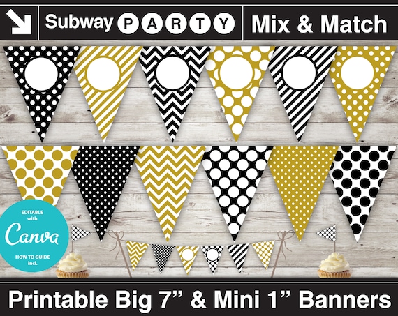 gold black and white adult party printable banner and mini cake bunting chevron polka dots diy editable banner blank instant download by subwayparty catch my party