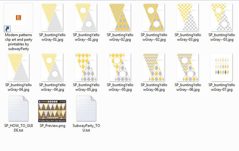 May include: A set of printable party decorations featuring yellow and grey chevron, diamond, and striped patterns. The designs include pennants, circles, and a banner. The text "SP_buntingYello wGray-01.jpg" is visible on one of the files.