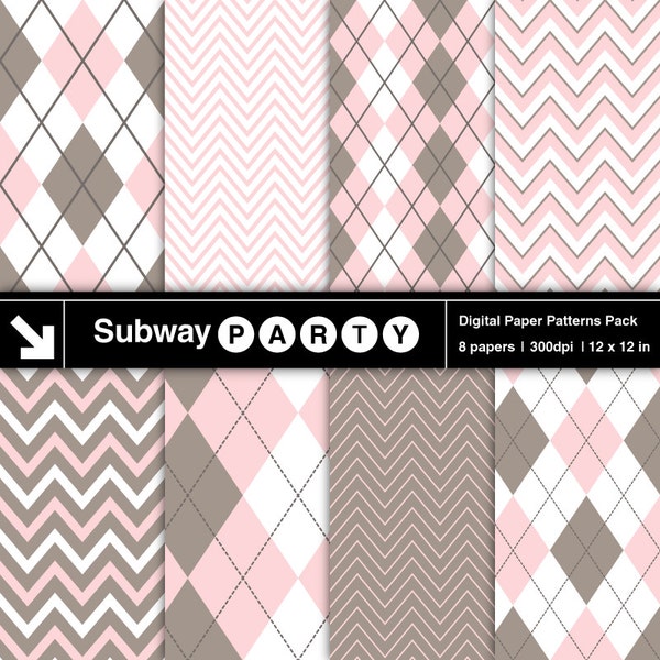Dark Taupe and Blush Pink Digital Papers Pack in Chevron and Argyle Pattern. Scrapbook / Invites / Card DIY 12"x12" jpg. INSTANT DOWNLOAD
