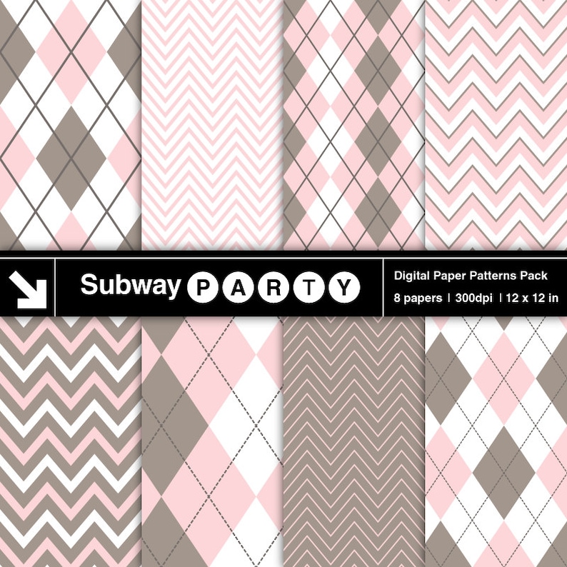 May include: A digital paper patterns pack featuring eight different designs. The patterns include argyle and chevron patterns in pink, white, and brown. The text "Subway PARTY" is displayed in a black banner. The pack includes 8 papers, 300dpi, and 12 x 12 in.