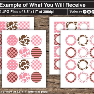 May include: Printable 8.5 x 11 inch  sheets of labels with pink, brown, and white polka dot, gingham, and cow print designs.  The labels are designed for use on party favors or gifts.  The text "Subway Party" is included in the image.