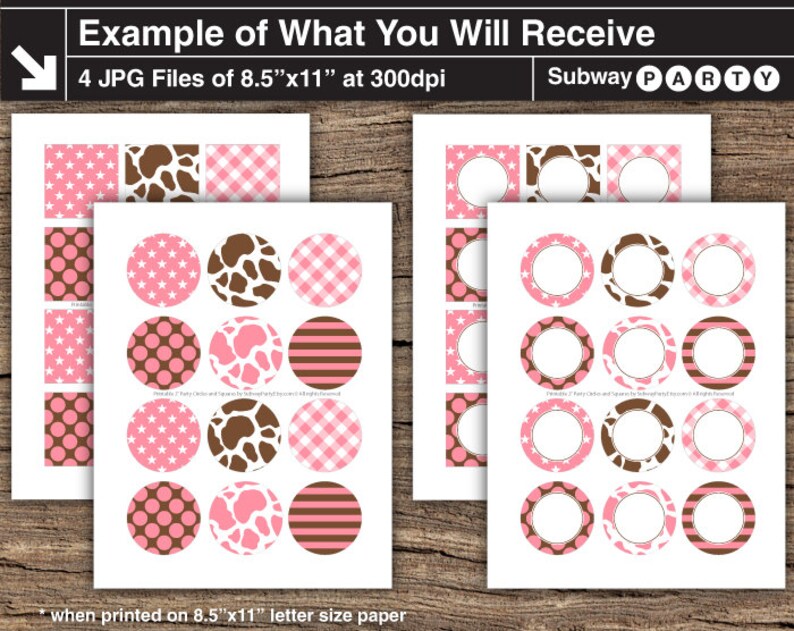 May include: Printable 8.5 x 11 inch  sheets of labels with pink, brown, and white polka dot, gingham, and cow print designs.  The labels are designed for use on party favors or gifts.  The text "Subway Party" is included in the image.