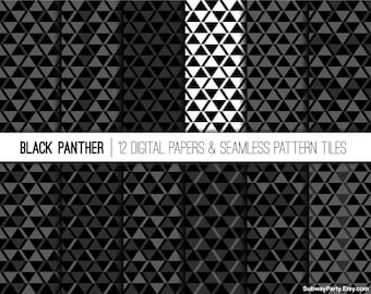 Patrones sin costuras de Pantera Negra y papeles digitales para álbumes de recortes de 30 x 30 cm y papeles para fiestas de 20 x 28 cm en formato JPG. Impresiones geométricas tribales africanas. Fondo CANVA.