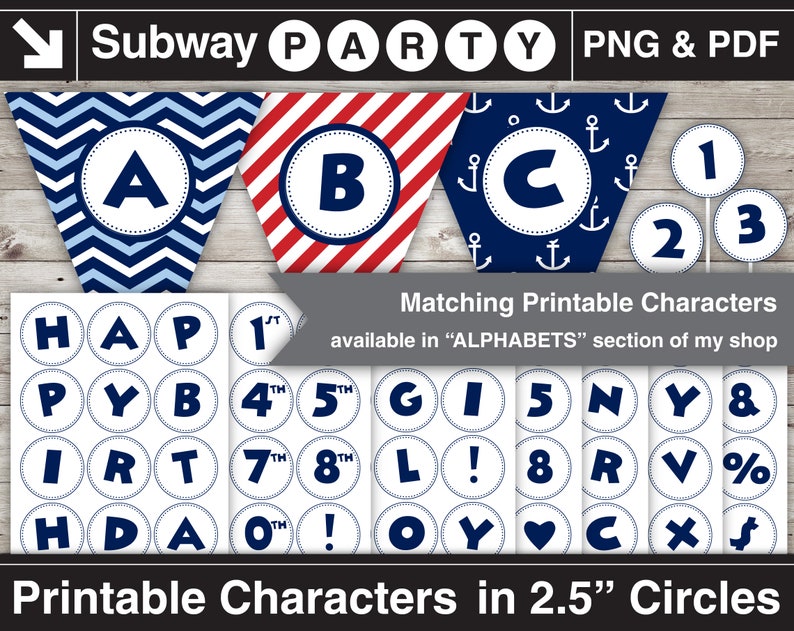 May include: Printable alphabet and number characters in blue and white on a white background. The characters are in 2.5 inch circles. The characters include A, B, C, 1, 2, 3, H, A, P, Y, B, I, R, T, D, O, G, L, N, Y, R, V, C, X, and S. The characters are available in the "ALPHABETS" section of the shop.