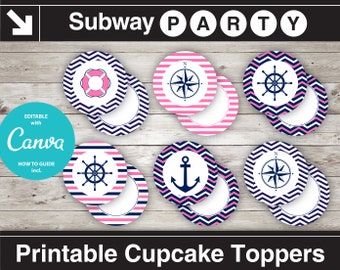 Printable Nautical 2" Party Circles & Squares / Cupcake Topper / Blank Labels, Tags. Navy, Pink. Add Your Own Text DIY jpg. INSTANT DOWNLOAD