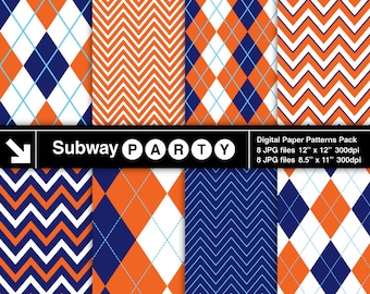 Navy Blue Orange Chevron and Argyle Digital Papers Pack. Scrapbook / Printable Party Papers / CANVA Background 8.5x11 & 12x12 JPG Download