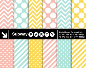 Yellow Mint Coral Pink Chevron, Polka Dots & Stripes Digital Papers. Scrapbook / Party Invites DIY 8.5x11 / 12x12 jpg INSTANT DOWNLOAD