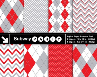 Digitala papper med röda grå vita chevron- och argylemönster. Röda grå festpapper. Scrapbook / Kort / Inbjudningar DIY 8,5x11 / 12x12 jpg. DIREKT NEDLADDNING