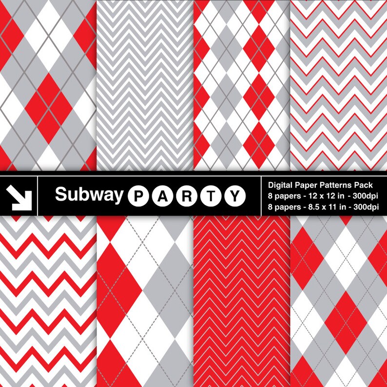 May include: Digital paper patterns pack with eight 12x12 inch and eight 8.5x11 inch papers. The patterns are red and gray chevron and red and gray argyle.