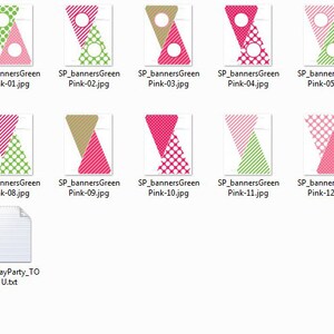 Op de afbeelding: Een set van 13 printbare bannerontwerpen in roze, groen en wit met stippen, strepen en geometrische patronen. De banners zijn ontworpen voor een feestje of viering.