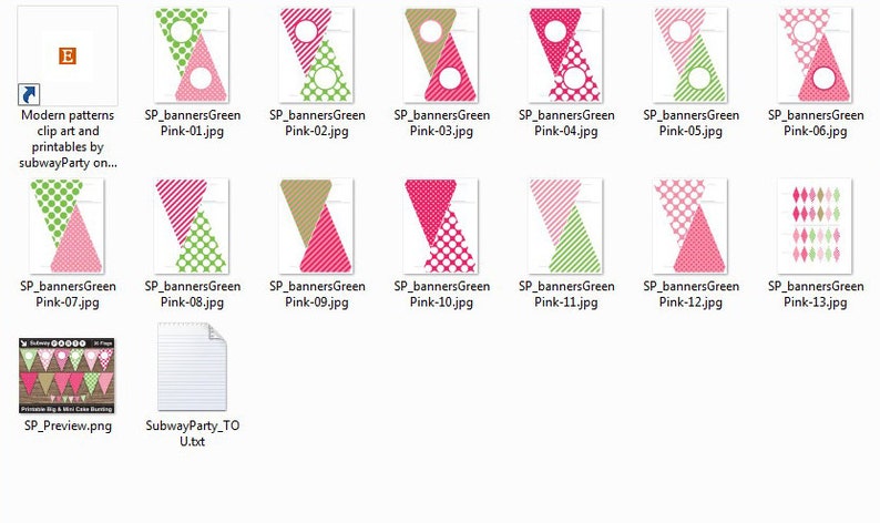 Op de afbeelding: Een set van 13 printbare bannerontwerpen in roze, groen en wit met stippen, strepen en geometrische patronen. De banners zijn ontworpen voor een feestje of viering.