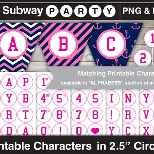May include: Printable alphabet and number circles in pink and white with a navy blue outline. The circles are 2.5 inches in diameter. The letters and numbers are in a pink font. The background is white.
