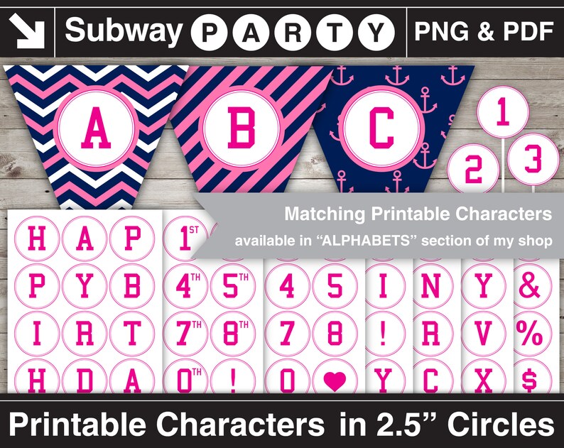 May include: Printable alphabet and number circles in pink and white with a navy blue outline. The circles are 2.5 inches in diameter. The letters and numbers are in a pink font. The background is white.