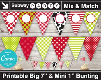 Farm Party Printable Banner and Mini Cake Bunting. Black Cow Print, Green Red Gingham. DIY Editable Banner Blank Text. INSTANT DOWNLOAD.