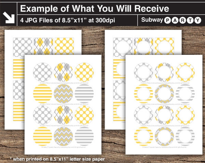 May include: Printable digital download of 4 JPG files, each 8.5 inches by 11 inches, featuring 12 different circle designs in yellow and gray. The designs include polka dots, stripes, chevron, and argyle patterns. The text "Subway Party" is included in the image.