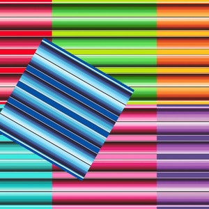 May include: A colorful striped pattern with a blue and white striped square overlapping the pattern. The colors in the pattern are red, green, orange, turquoise, pink, and purple.