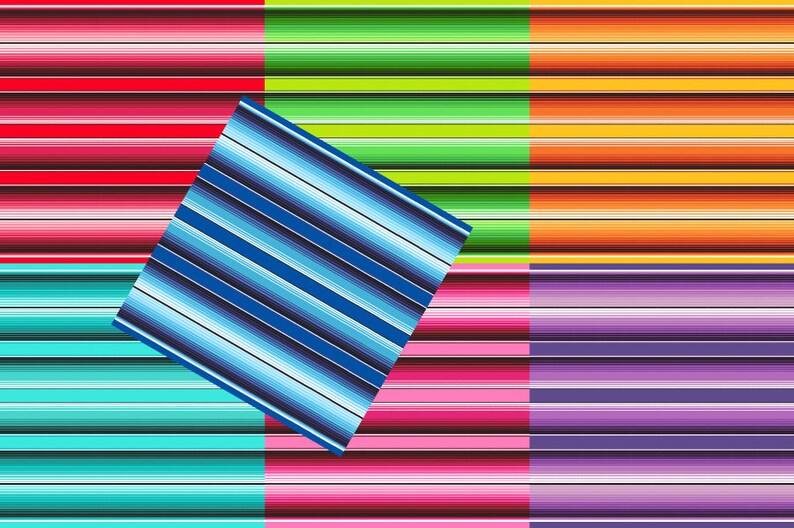 May include: A colorful striped pattern with a blue and white striped square overlapping the pattern. The colors in the pattern are red, green, orange, turquoise, pink, and purple.